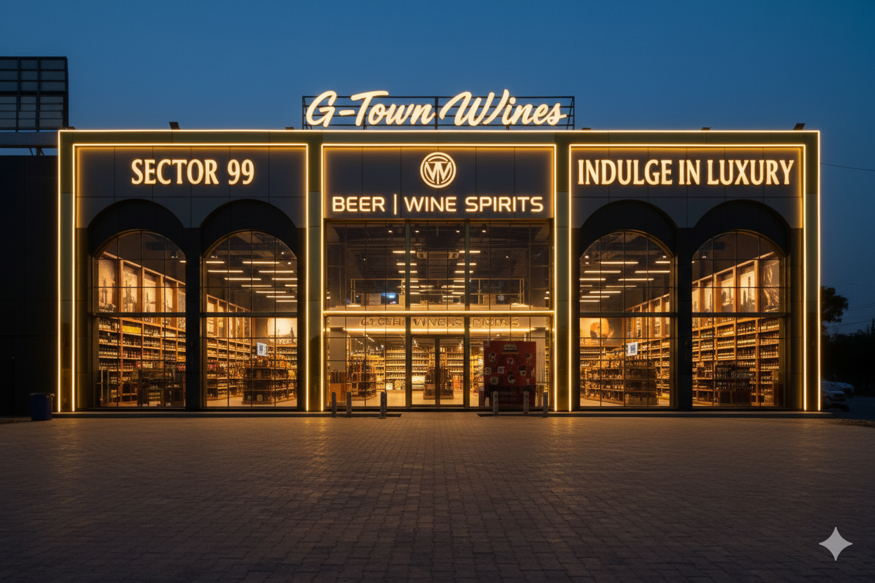 Front view of G-Town Wines liquor store in Sector 99 Dwarka Expressway Gurgaon with signage.