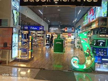 Premium liquor shelves with whisky, rum, vodka