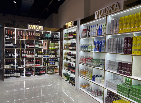 Premium liquor shelves with whisky, rum, vodka